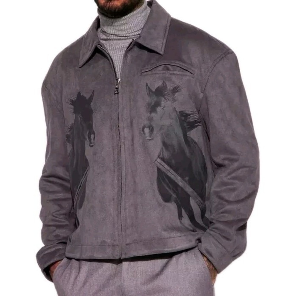 Novamen  Mens Medium Gray Western Faux Suede Full Zip Jacket Horse‎ Rode Coat